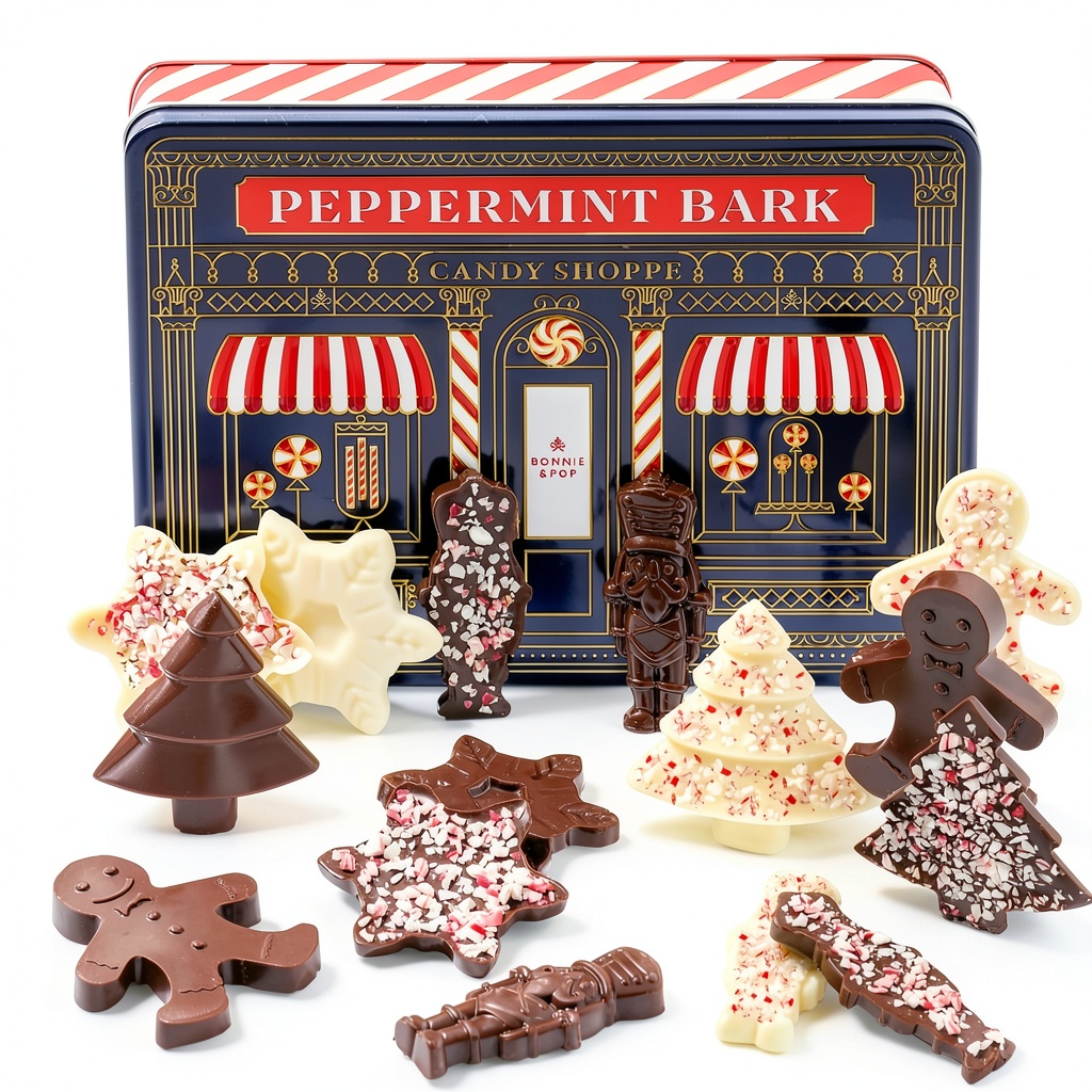 Peppermint bark tin displayed on a holiday dessert table