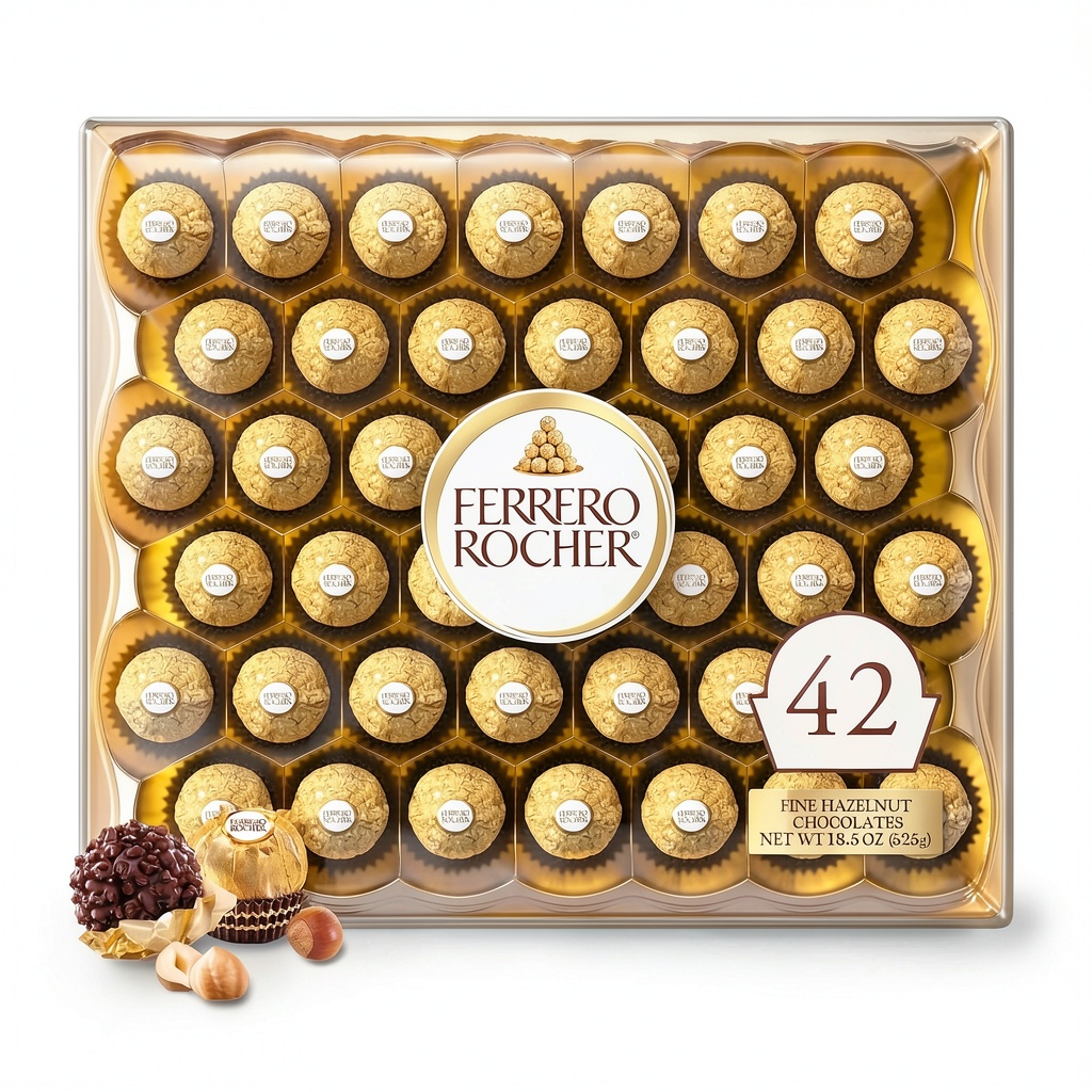 Ferrero Rocher Chocolate Gift Box 42 Count Premium displayed on a wooden desk with a festive backdrop